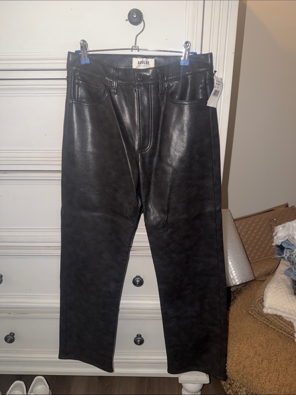 Agolde Smokey Gray Faux-Leather Straight Jeans
